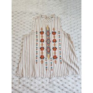 Savanna Jane Embroidered Striped‎ Sleeveless Tank Top Mock Neck Blouse S